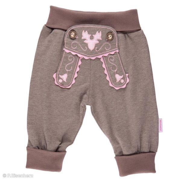 Eisenherz- Babyhose im Lederhosenstil mit rosa Stickerei